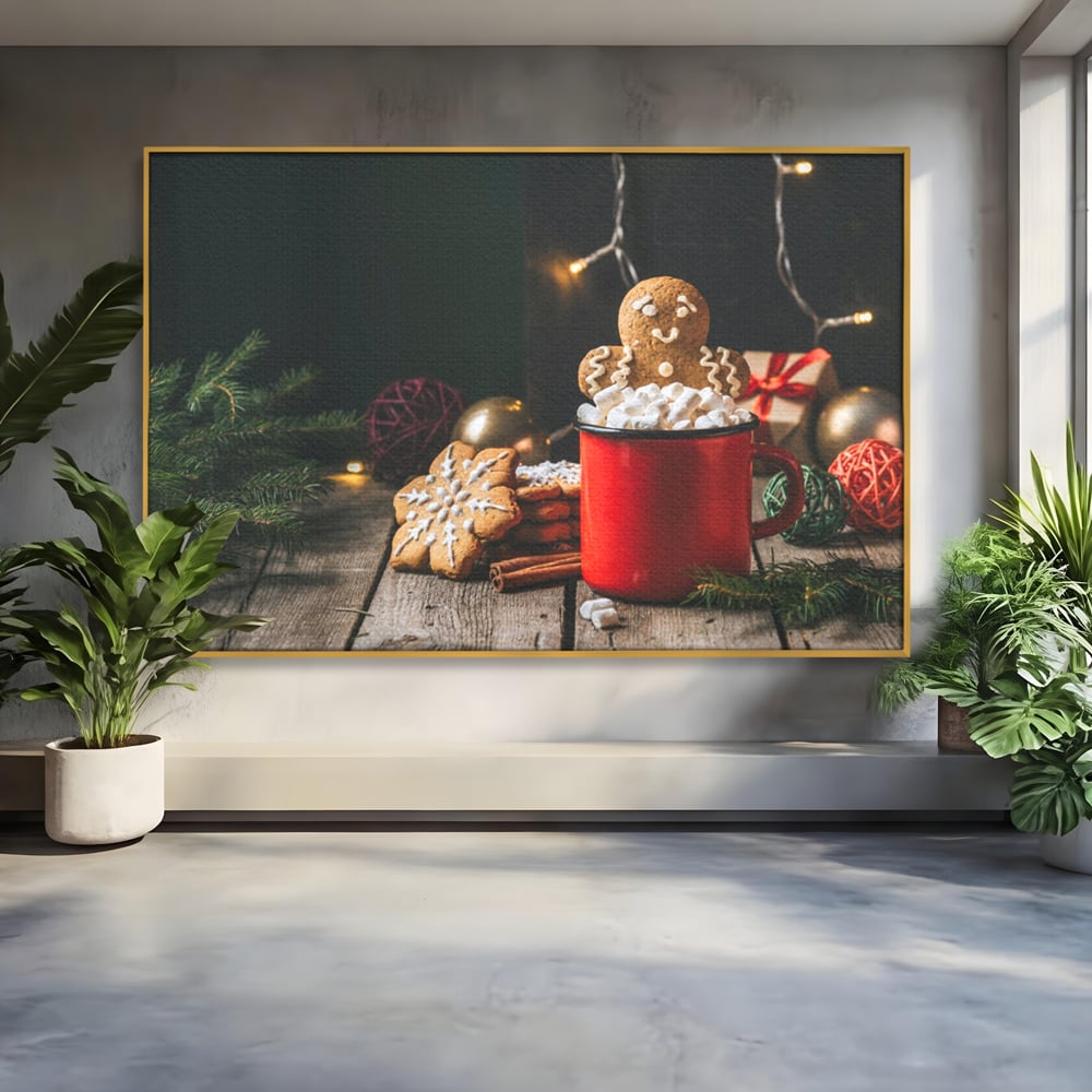 Tablou canvas cu tablou canvas cu turta dulce si cana rosie, in rama de aluminiu auriu
